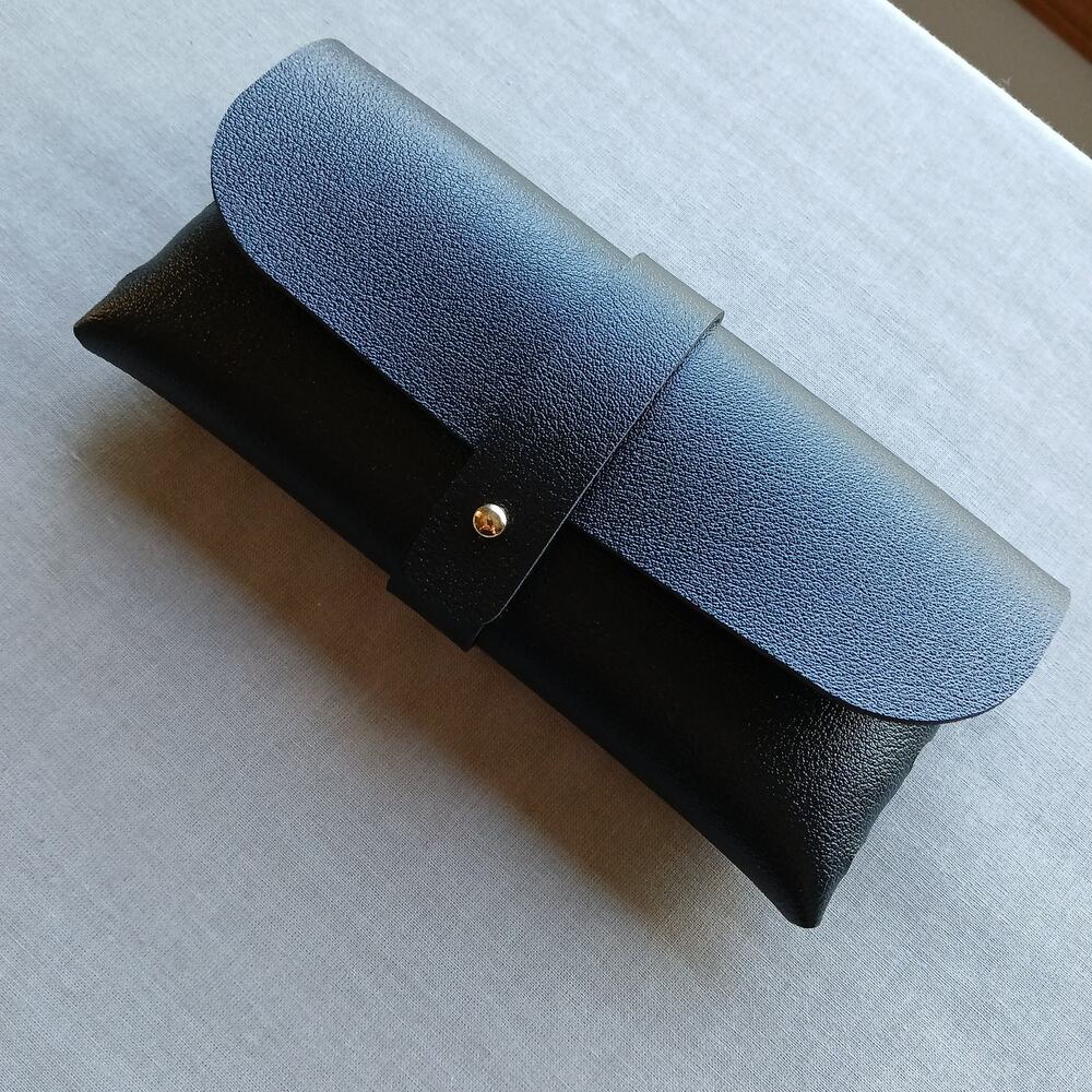Hard Shell Glasses Case and Cleaning Cloth black faux leather button closure